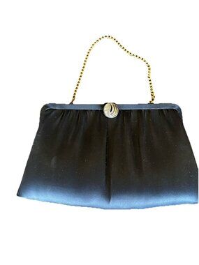 HL USA Vintage Black Satin and Gold Clasp Handbag Gold Chain